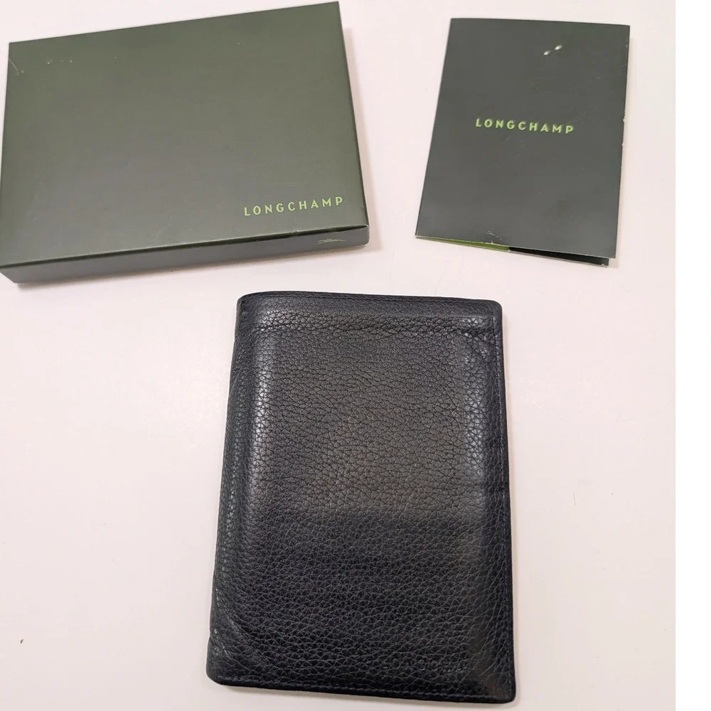 Longchamp Large‎ Mens Black Pebbled Leather Trifold Wallet & Passport w Box